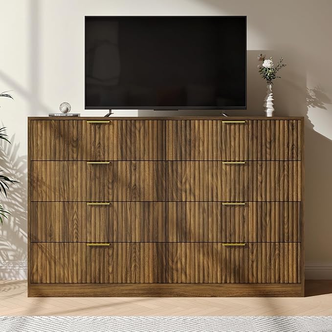 Fluted 8 Drawer Double Dresser Wood,55” Wide Bedroom Dresser Mid Century Chest of Drawers Wooden with Gold Handle,Dressers TV Stand for Bedroom,Living Room,Walnut