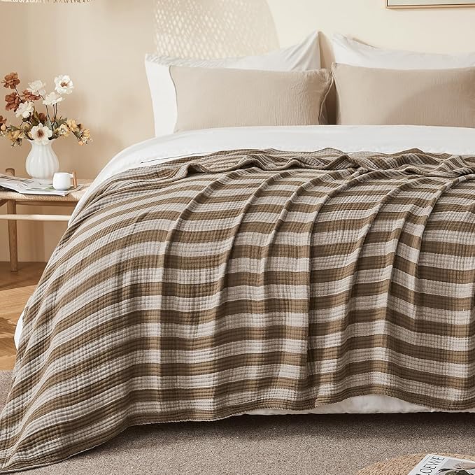 EMME Cotton Muslin Queen Blanket Bed Layering Bedspread Coverlet Breathable Gauze Soft Lightweight Adults (Striped Brown, 90"x90")