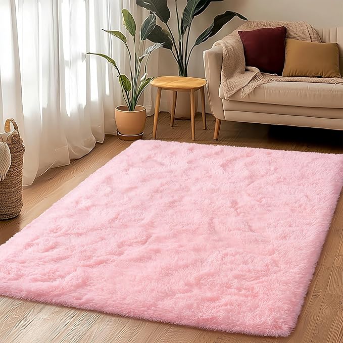 3x5 Fluffy Pink Area Rug - Soft Cute Shag Fuzzy Rug for Bedroom - Anti-Skid Living Room Girls Rug Pink Home Decor