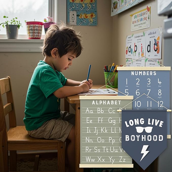 BONETAT Numbers alphabet poster for Nursery Toddlers, Play Room Wall Decor, ABC Wall Chart, Wall Hanging Decor for Toddler Playroom Decor Kids Wall Decor, Wooden Frame Alphabet Banner-A05