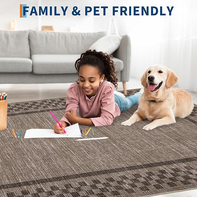 Washable Runner Rug 2x10 Modern Bordered Hallway Runner Rug Non Slip Kitchen Throw Carpet Checkered Bathroom Entryway Runner Rugs Low Pile Solid Area Rugs for Living Room Bedroom Nursery Sink, Brown