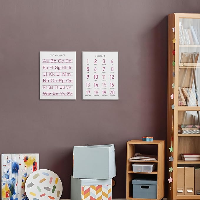 HRQKO Alphabet Numbers Nursery Canvas Wall Art Set of 2, Pink Kids Room Decor Framed Art, ABC Numbers Educational Posters Wall Decor for Classroom Toddler Kids Nursery Bedroom Playroom, 11x14 inch