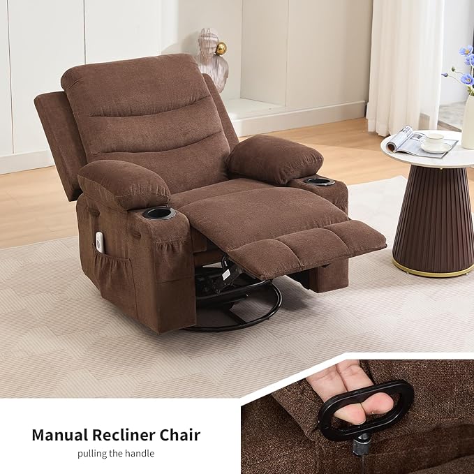 Recliner Chair Nursery, Oversized Manual Reclining Rocking Chair, 360 Swivel Glider with Cup Holder, Massage and Heat Recliner, Indoor Small Single Sofa Chairs for Adults, RV, Bedroom, Linen Brown