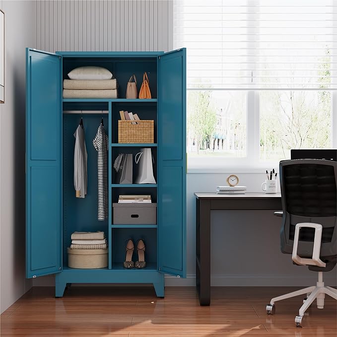 Metal armoire Wardrobe Closet with Hanging Rod,71'' Metal Wardrobe Cabinet with 2 Doors and 4 Adjustable Shelves, Bedroom armoires,Laundry Room cabinets,armario de ropa Closet