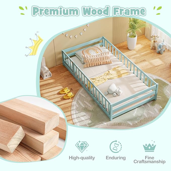 KOMFOTT Twin Size Wood Floor Bed with Door & Fence, Montessori Bed Frame with Full Length Safety Guardrails, Door & Latch, Wooden Montessori Floor Bed for Kids, Girls, Boys (Twin,Green)