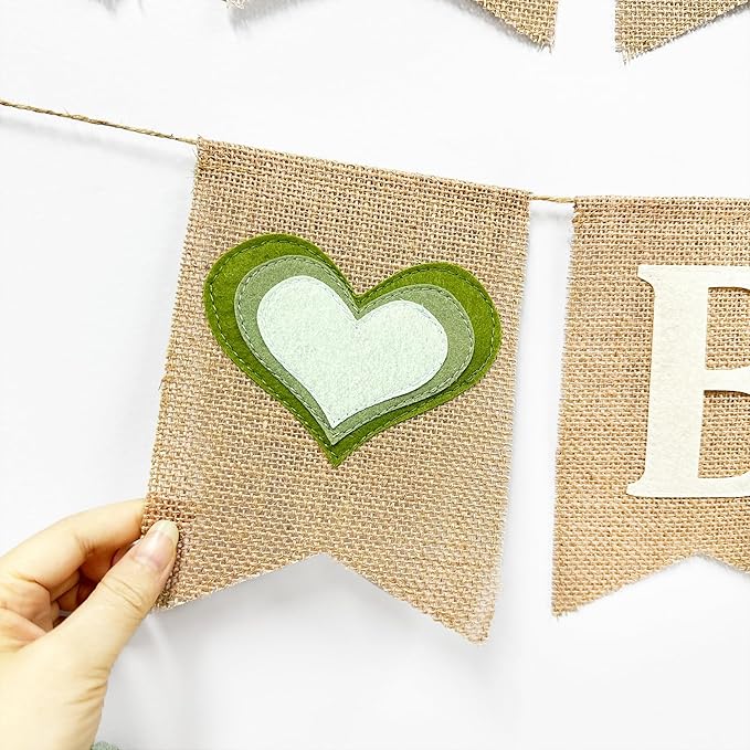 Baby Shower Burlap Pennant Banner Flag Felt Welcome Baby Sign Ombre Sage Green Heart and Olive Green Tassel Garland with Beads for Neutral Baby Shower Hello Baby Welcome Baby Party Decoration Supplies