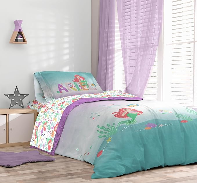 Sunny Side Up Disney The Little Mermaid Twin Comforter Set - 5 Piece Kids Bedding Includes Comforter, Sheets & Pillow Cover - Super Soft Ariel Microfiber Bed Set