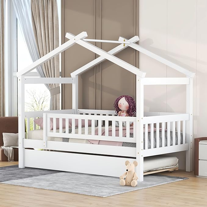 Merax Twin Size Wooden House Bed with Twin Size Trundle, Wood Bed Frame with Roof and Safety Guardrail for Kids, Teens, Boys or Girls, White