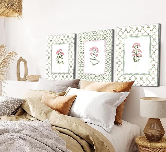 3Pcs Pink Green Floral Canvas Wall Art Wildflower Baby Room Painting Picture Wall Decor Pastel Botanical Poster Print Artwork for Bedroom Living Room Girls Bedroom Nursery Dining Room Home Decoration