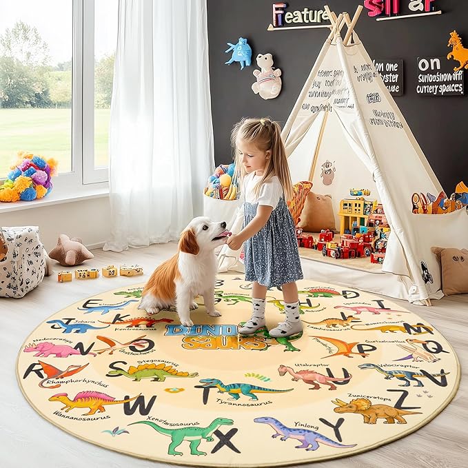 Kids Rugs for Playroom, 5'x5' Round Educational Rug for Learn The ABC Alphabet, Soft Machine Washable Non-Slip Cute Dinosaur Carpet for Classroom Toddler Nursery Kids Room Decor Mat, Beige