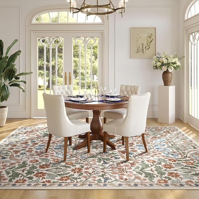 5x7 Washable Area Rug for Living Room, Floral Non-Slip Non-Shedding & Easy Care, Soft Low Pile Forest Boho Indoor Floor Carpet for Living Room, Bedroom, Farmhouse, Dining Room, Kids Playroom, Beige