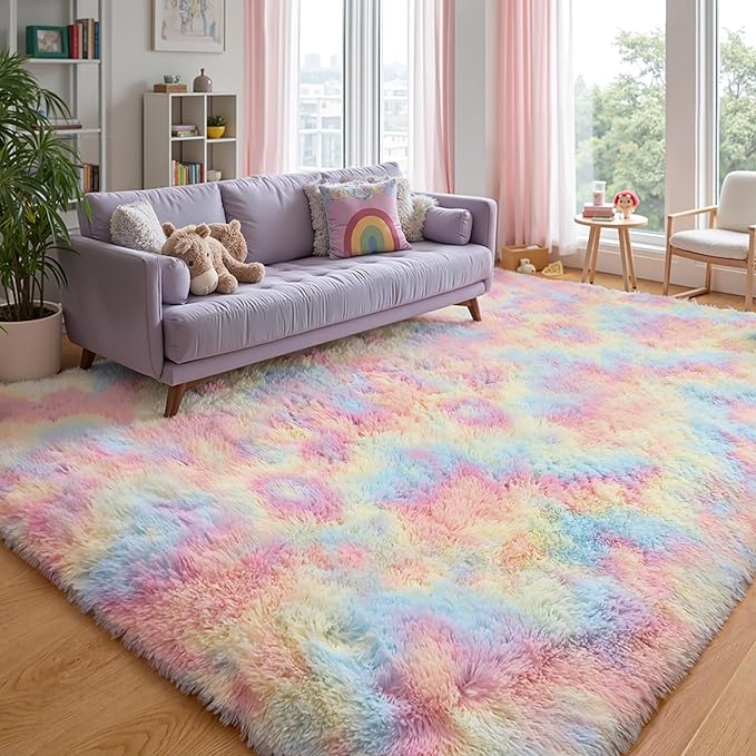 Fluffy 9x12 Large Area Rugs for Girls Bedroom Living Room, Rainbow Soft Washable Shag Carpet for Kids Room, Nursery, Dorm Decor, Colorful Cute Plush Fuzzy Rugs for Baby Toddler