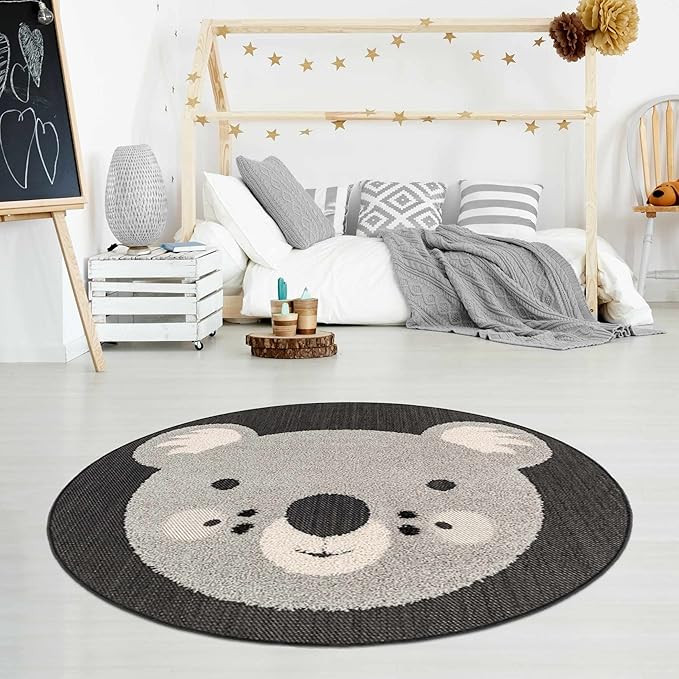 Hauteloom Kids Room, Nursery Round Area Rug - Outdoor Patio Safe - Animal Koala Playroom Carpet - Gray, Black, Cream - 3'11"