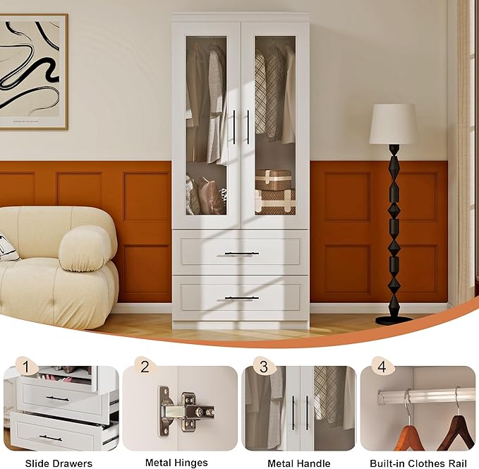 Armoire Wardrobe Closet with 2 Glass Door, White Wood Wardrobe Closet Wooden Bedroom Armoire with 2 Drawer Hanging Rods for Home/Bedroom/Living Room Style-51