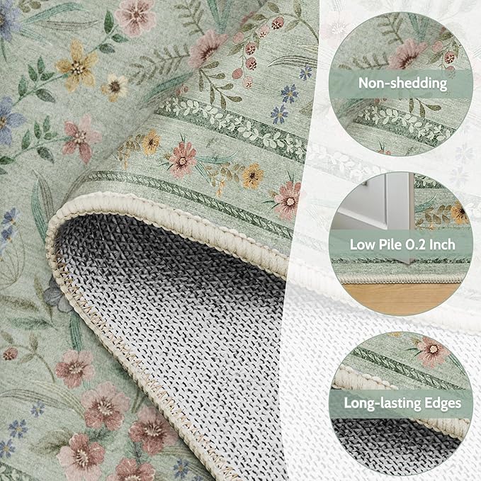 Green Floral Rug for Girls,6x9 Washable Botanical Bedroom Rug for Nursery, Playroom or Kids Room,Soft Non-Slip Carpet for Forest Themed Baby Room Decor