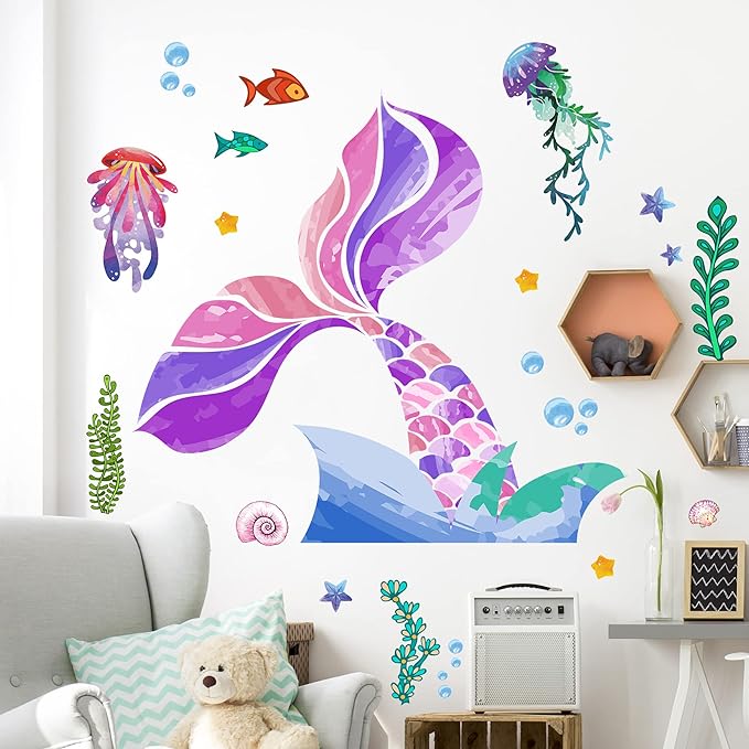 LiveGallery Removable 3D Under The Sea Rainbow Colorful Mermaid Tail Blisters Wall Sticker DIY Ocean Fish Jellyfish Seaweed Wall Decal Decor for Kids Girls Princess Room Bedroom Living Room