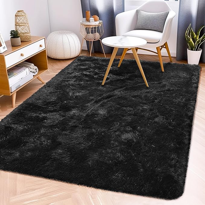 Fluffy Rug Washable 2x3 Feet, Pure Black Desk Chair Rug Non-Slip, Super Soft Kids Rug for Boys Nursery Dorm Decor