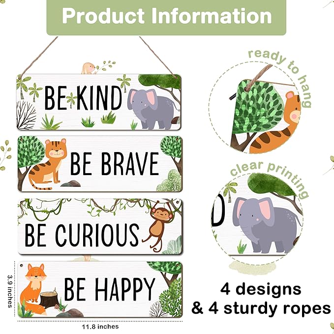 Woodland Nursery Decor, Jungle Safari Animals Boysroom Wall Sign Art, Motivational Bedroom Decorations for Kids Boys, 4 Pieces Wood Sign, 3.9x11.8 In-A01