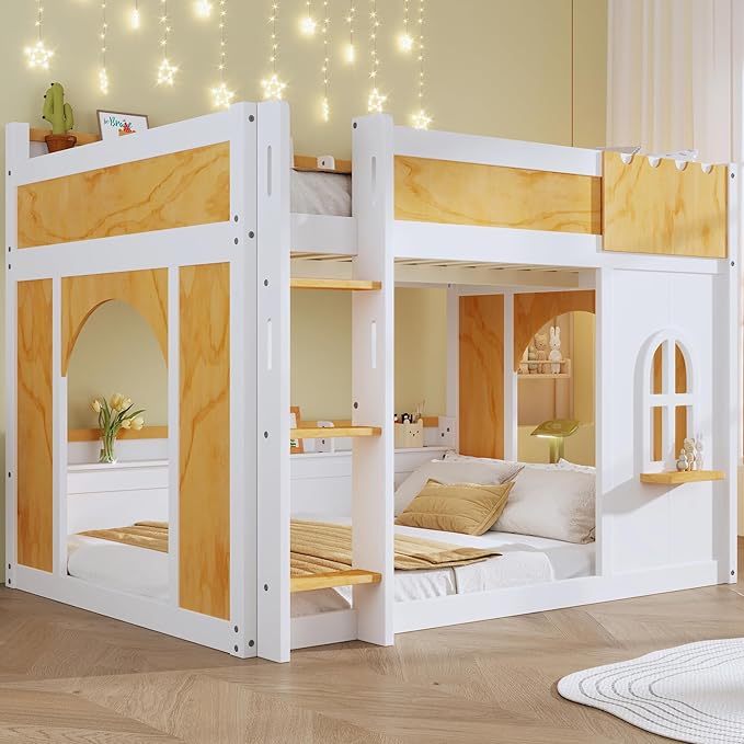 Full Over Full Bunk Bed with Storage Shelves and Window, Wood Bunk Bed Frame with 2 Doors for Kids Teens Adult Bedroom, No Spring Box Needed