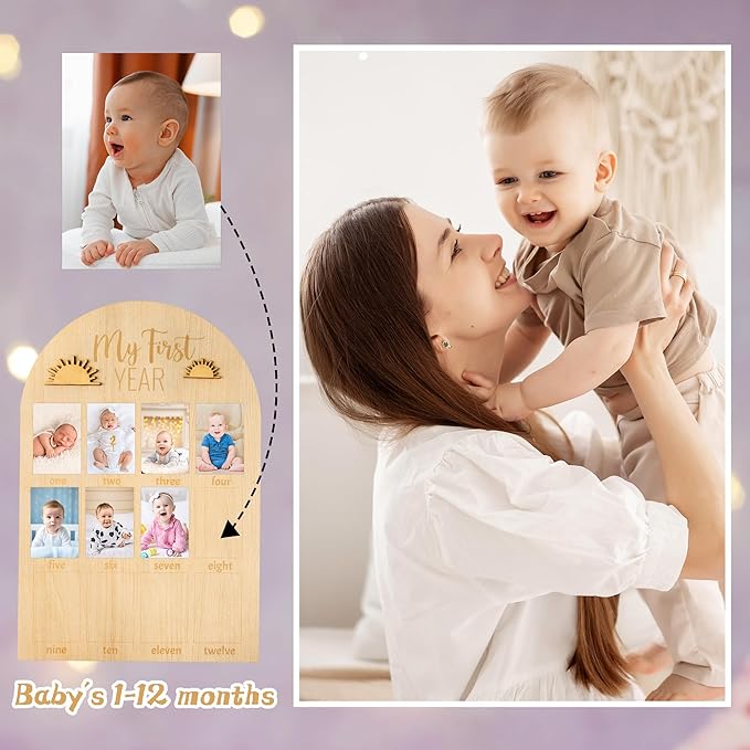 R HORSE My First Year Photo Display Wood Board - Fits 2 x 3 Inch Photo, 3D Boho Sun Baby's First Year Picture Frame 12 Months Milestone Board Baby Keepsake Birthday Nursery Decor Gift for Boy Girl