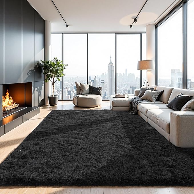 Area Rugs for Bedroom Living Room, 4x6 Soft Large Fluffy Fuzzy Shag Plush Furry Carpet, Soft Indoor Floor Mat for Kids Nursery Home Dorm Office Decor Aesthetic, Black