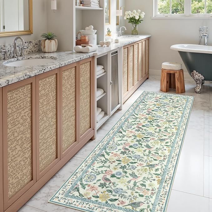 Green Floral Runner Rug, 2x6 Washable Rug Runners for Hallways Non-Slip, Soft Low Pile Flower Birds Long Bathroom Mat Botanical Throw Carpet for Kitchen Laundry Entryway Porch