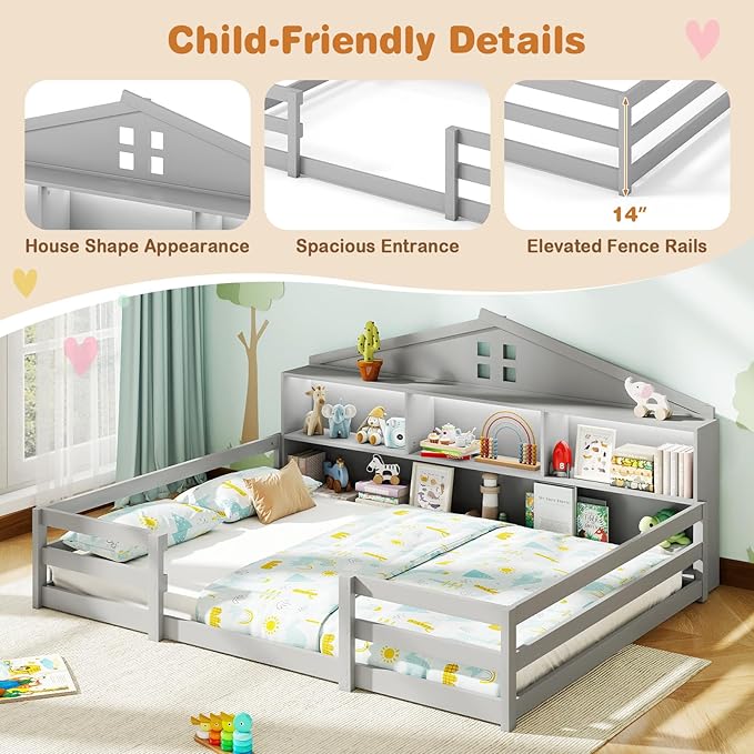 Giantex Full Size Montessori Floor Bed with LED Lights, 2-in-1 Wooden House Bed Frame with Safety Guardrails, Storage Compartments & Shelf, No Box Spring Needed, Without Slats, Gray