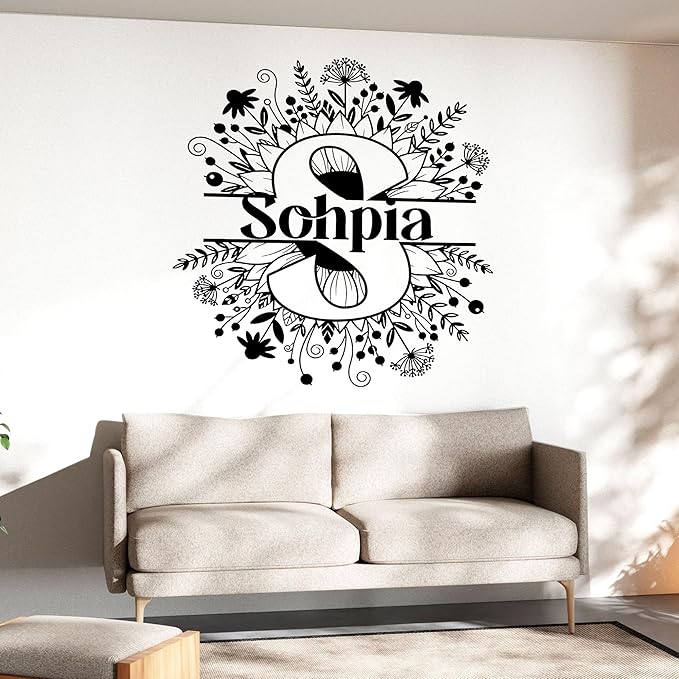 Custom Sunflower Name Wall Decal Personalized Name Letter Floral Lover Transparent DTF Vinyl Removable Nursery Wall Decals for Baby Kids Room, Teen Bedroom, Window, Cute Home Decor Gifts