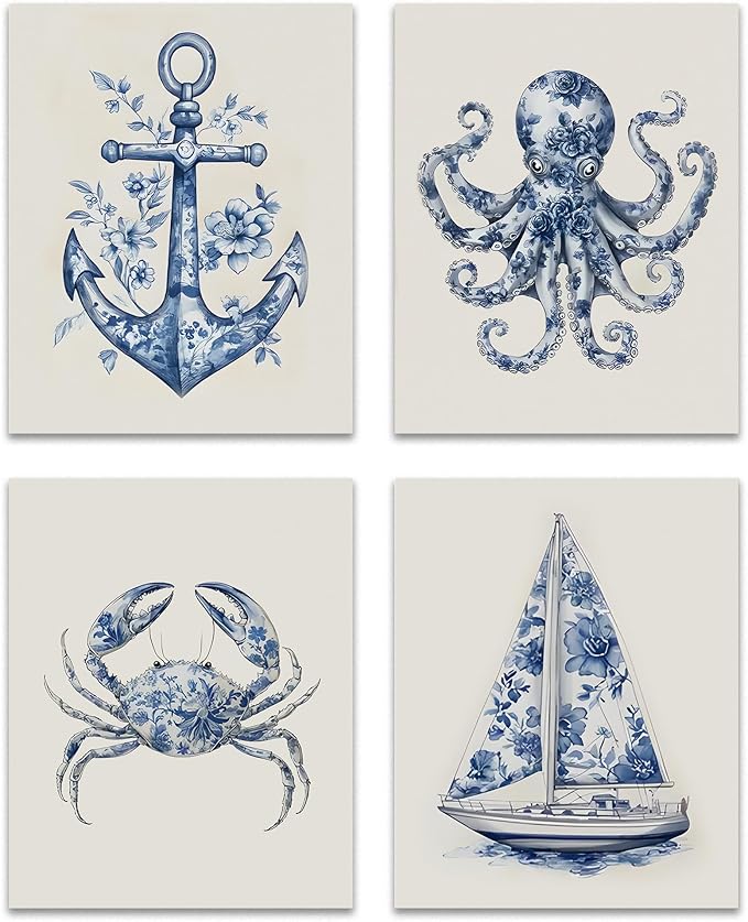 OFJE Coastal Beach Wall Art Decor Prints Set of 4, Chinoiserie Marine Biology Crab Sailboat Anchor Octopus Wall Art Posters Decor for Home Bedroom Living Room, 8x10 Unframed