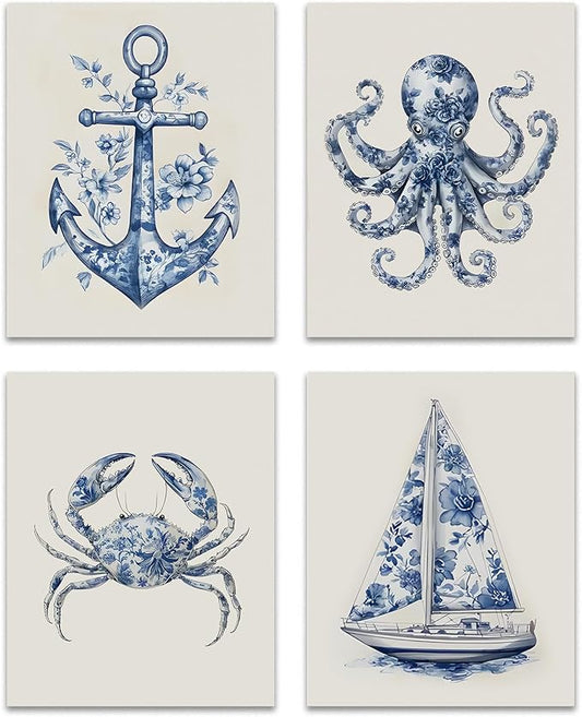 OFJE Coastal Beach Wall Art Decor Prints Set of 4, Chinoiserie Marine Biology Crab Sailboat Anchor Octopus Wall Art Posters Decor for Home Bedroom Living Room, 8x10 Unframed