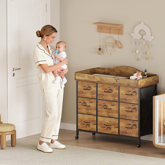 Baby Changing Table with 9 Fabric Drawers, Waterproof Diaper Changing Station & Pad, Mobile Nursery Diaper Changing Table, Baby Furniture, Bedroom, Rustic Brown