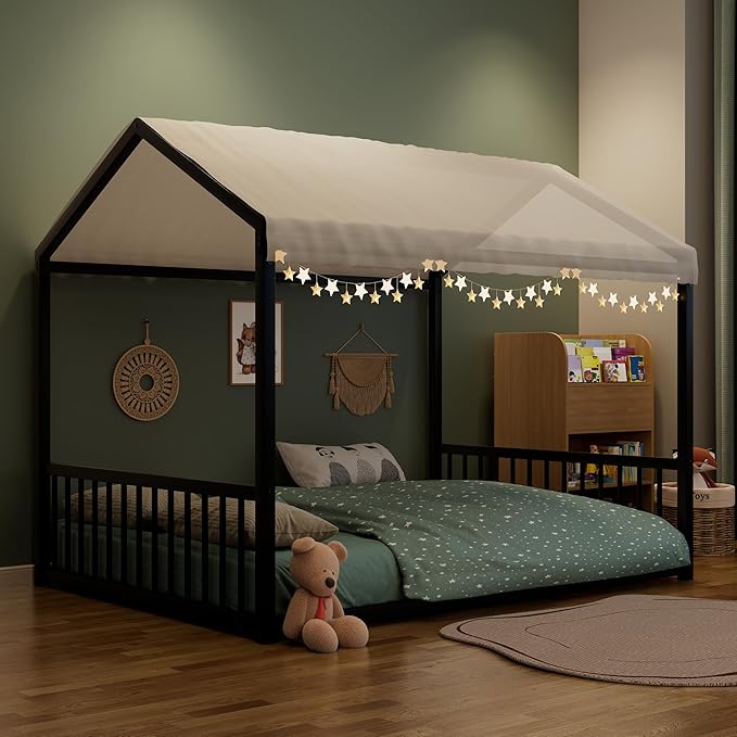 Merax Full Floor Bed Frame, Montessori Style Metal House Shaped Kids Bed with Vertical Safety Guardrails, No Slats, Grounded Design for Kids and Toddlers, Easy Assembly, Black