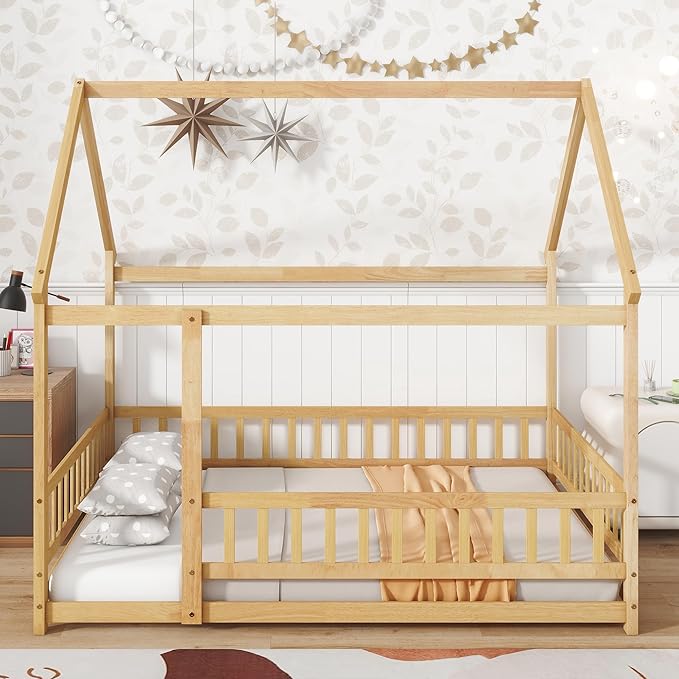 Ball & Cast Full Size Floor Bed,Montessori Bed with Roof & Safety Guardrails Design,Wooden Toddler House Bed Frame W/Open Door,for Girls Boys,Natural