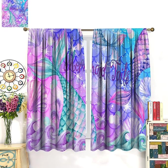Dream Mermaid Curtain Colorful Mermaid Shell Ocean Theme Fantasy Blackout Curtains for Kids Boys Girls Bedroom Nursery Room Decor Rod Pocket Window Drapes 42x45in