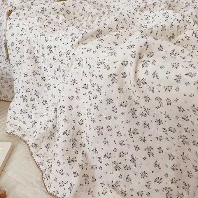 BuLuTu Vintage Blue Floral Muslin Toddler Blanket, 100% Cotton Large Baby Quilt 47x51 Inch, Chic Shabby Plumbago Flower Pattern Swaddling Blankets for Girls Boys, Nursery Decor