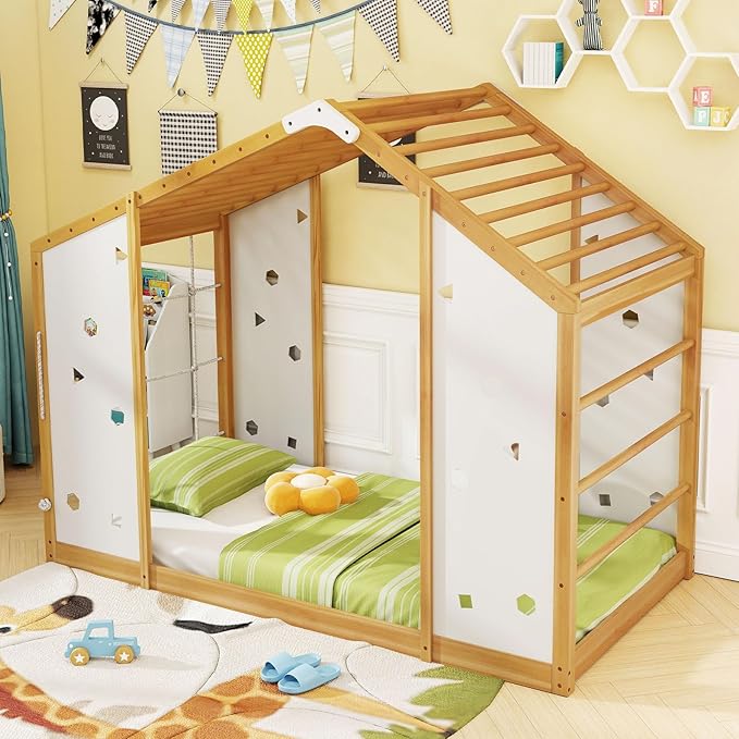 Giantex Twin Size Montessori Floor Bed, 3-in-1 Indoor Kids Jungle Gym Playground with Climbing Slide Swing Net, Monkey Bars, Wood House Bed Frame with Playset for Boys Girls, Natural+White