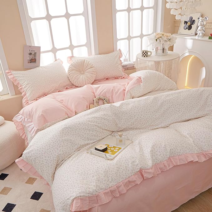 Pink Floral Duvet Cover Full 100% Cotton Ruffle Duvet Cover Girls Princess Lace Bedding Set Botanical Flower Comforter Cover with Zipper Closure Vintage Country Bedding Cottagecore Duvet Cover Set