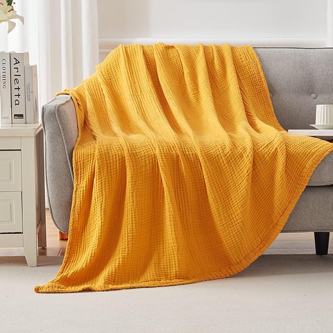 EMME Cotton Throw Blanket - 100% Muslin Soft, Breathable Gauze - All Season, Pre-Washed - Mustard Yellow, 50"x70"