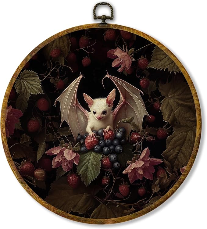 Hiuwevt Vintage Witchy Moody Goth Bat Round Wall Art Decor, Dark Academia Framed Canvas Prints, Gothic Bat Fruit Botanical Round Wall Hanging Decor for Bedroom Home Decorations, 10x10 Inches