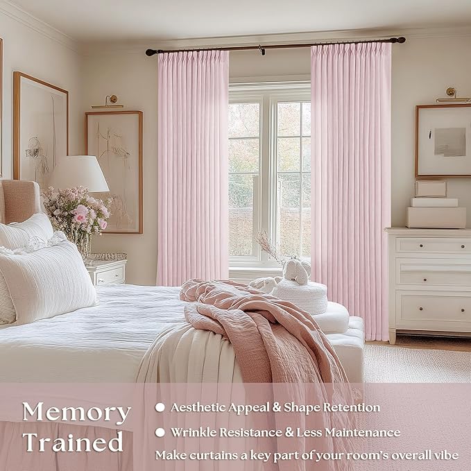 Light Pink Linen Pinch Pleat Curtains 84 Inch Length 2 Panels for Girls Bedroom Nursery Soft Thick Linen Window Drapes Semi Sheer Light Filtering Pleated for Kids Living Room Blush Dusty Pink Decor