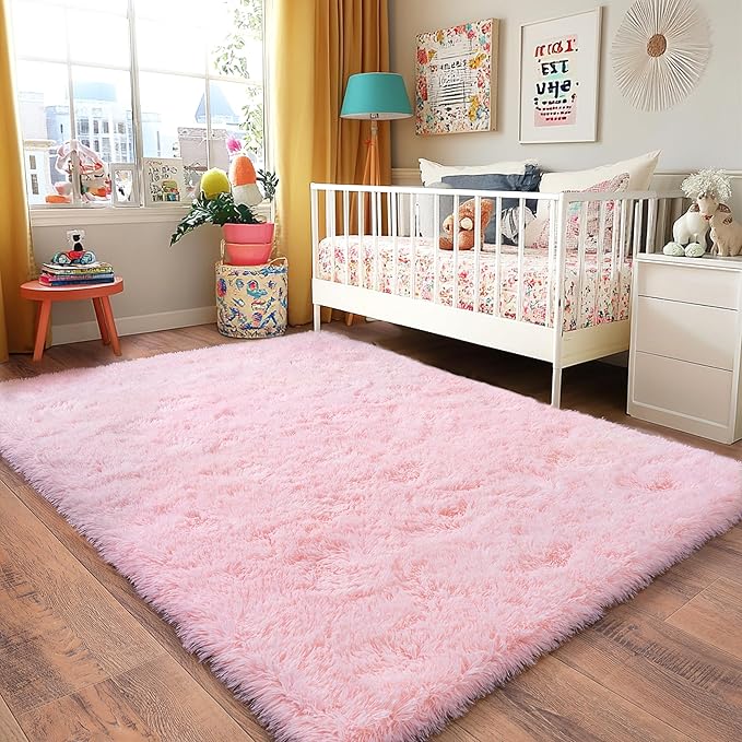 Pink Rug for Living Room, 9x12 Area Rug for Cute Girls Room, Bedside Indoor Floor Fluffy Shag Carpet, Plush Soft Rug for Bedroom Nursery Dorm Home Decor