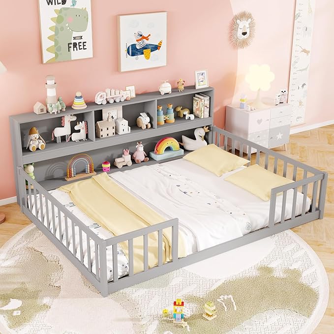 KOMFOTT Full Floor Bed with Bookcase & Shelves, Wood Bed Frame with Bedside Bookshelves & Guardrails, Versatile 2-in-1 Montessori Floor Bed for Kids (Grey)