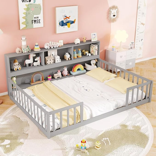KOMFOTT Full Floor Bed with Bookcase & Shelves, Wood Bed Frame with Bedside Bookshelves & Guardrails, Versatile 2-in-1 Montessori Floor Bed for Kids (Grey)