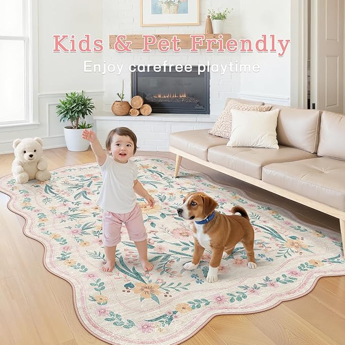 Scalloped Pink Floral Rug 6x9, Washable Soft Faux Wool Area Rug for Living Room, Cute Boho Non-Slip Carpet for Kids Room, Nursery, Bedroom or Office