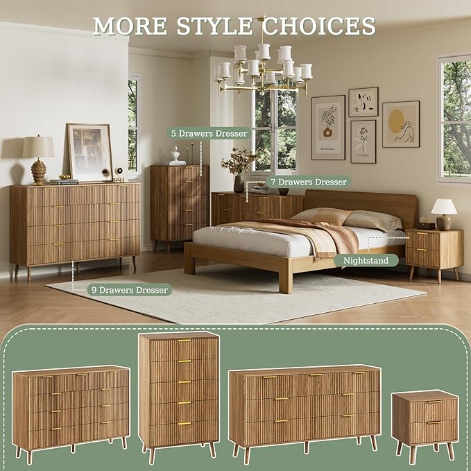 LYNSOM 55" Wide Fluted Dresser for Bedroom with 6 Drawer, Modern Chest of Drawers with Curved Profile Design and Metal Handles, Wood Dresser TV Stand & Storage Organizer for Living Room, Walnut