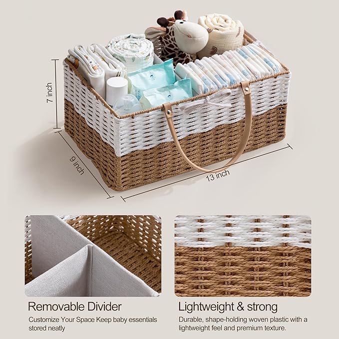 HBlife Large Diaper Caddy Organizer, Portable Paper Rope Woven Basket with Divider, Nursery Diaper Station Organizer, Baby Shower Gifts Basket & Car Organizer, Newborn Essentials
