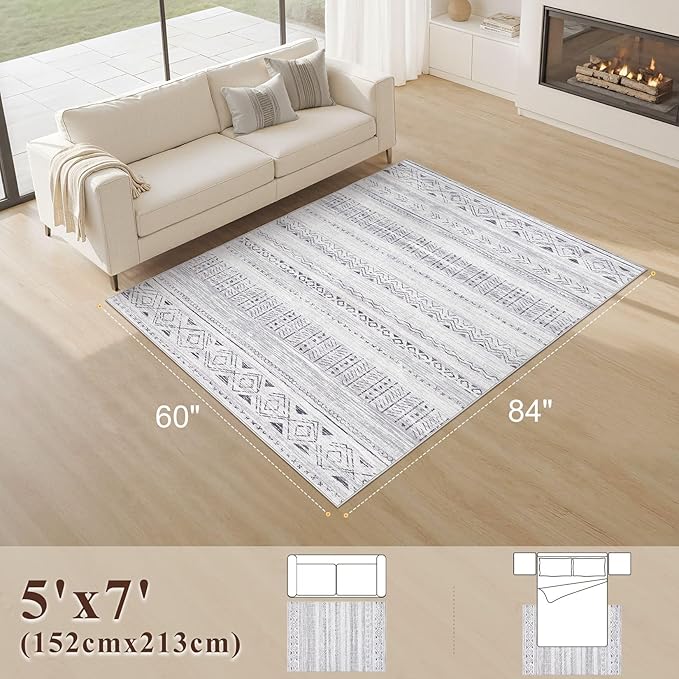 Area Rugs for Living Room Washable Living Room Rug Soft Neutral Indoor Floor Carpet Non-Slip Stain Resistant Modern Boho Rugs for Bedroom Dining Room Kids Room Nursery Office Home Grey