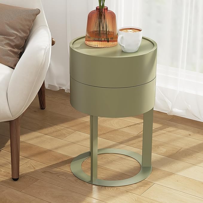 Round Side Table with Hidden Storage Drawers, Modern Nightstand with Swivel Drawer, Minimalist Bedside Table for Bedroom, Living Room, Green