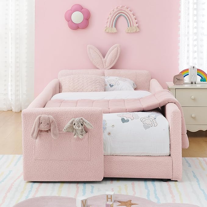 DEINPPA Twin Size Platform Bed Frame with Rabbit Ear Shaped Headboard and Pocket, Boucle Upholstered Bed Frame with Guardrail for Children Kids Boys Girls-Pink