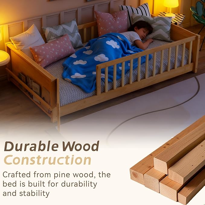Twin Toddler Floor Bed with High Rails, Wooden Montessori Bed Frame with Door & Built-in Book Rack, Twin Size Bed Frame for Kids, Boys and Girls, Natural